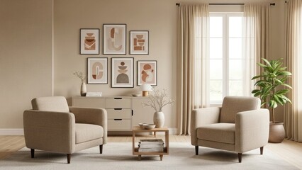 Fototapeta premium Two armchairs face each other in a living room with artwork above a sideboard and a window with curtains.