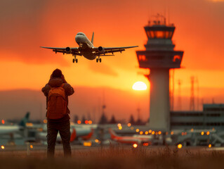 Fototapeta premium Person watches as airplane lands at airport during sunset with bright colors in the sky and control tower in the background Generative AI