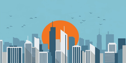 Abstract red city skyline silhouette of downtown buildings and finance towers illustration