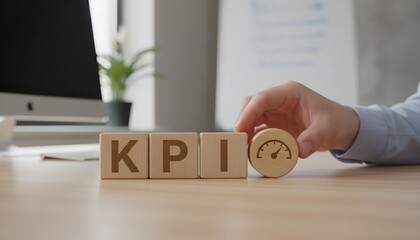 A person's hand placing a wooden block with a speedometer icon next to KPI blocks on a desk.