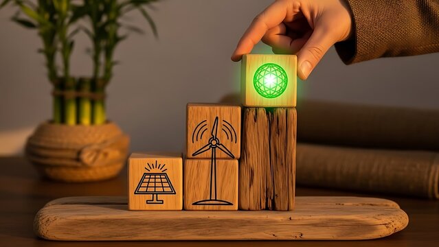 Hand placing a green energy block on stacked renewable energy blocks with bamboo plant behind