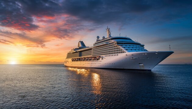 Majestic Cruise Ship Sailing on Calm Ocean During Golden Sunset.