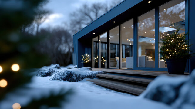 A contemporary house with large windows is surrounded by a snowy landscape, showcasing a perfect blend of modern architecture and the beauty of nature in a serene setting.