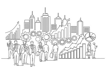 Fototapeta premium Dynamic city progress in continuous line art drawing, illustrating business growth and urban development