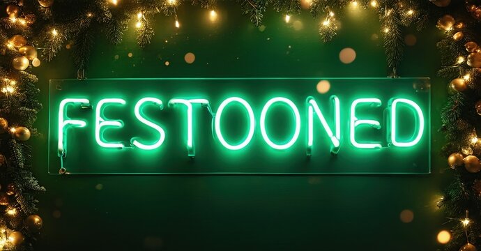 Bright neon sign displays FESTOONED against dark green backdrop. Festive garland, bokeh lights surround text. Holiday theme present. - Powered by Adobe
