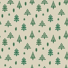 Obraz premium Evergreen trees on beige background, seamless pattern with firs 