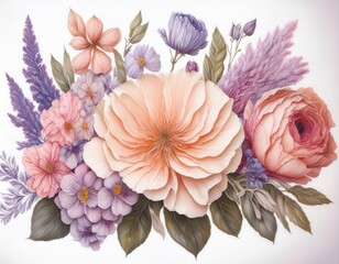 elegant antique garden flower composition symmetrical layout with colored pencil textures soft peach cream and lavender tones on a clean white background