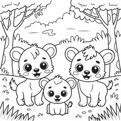 Obraz premium Cute cartoon lion cubs in a forest coloring page for kids