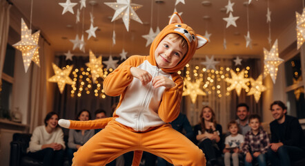 Fototapeta premium A happy child in a cat costume performs for his family at a holiday party. Cute boy in an orange onesie smiling during a festive celebration at home