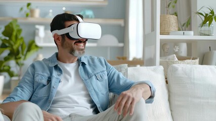Engaging in an exciting virtual reality journey while seated comfortably in a cozy living space, enjoying immersive entertainment