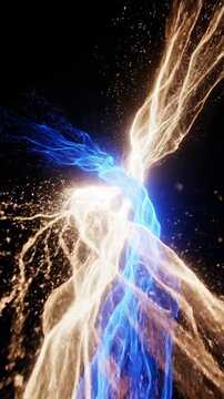 Slow cinematic movement of two distinct powerful light beams intertwining and braiding together in a dark void demonstrating perfect balanced energy flow dynamic, demonstrating, integration