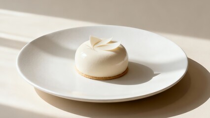 Elegant White Mousse Cake with Mirror Glaze on White Plate
