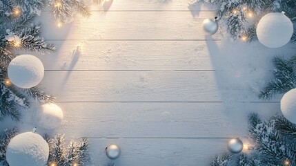 Snowy white wooden table with festive lights