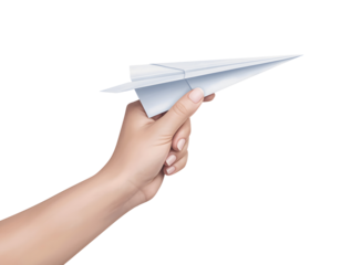 Human Hand Releasing a Paper Airplane in a Clean Isolated Cutout for Creativity, Play, and Conceptual Designs