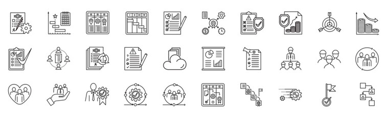 Project Management Vector Icon Set - Minimalis Outline Style Design Ilustration Symbol containing chart kanban kpi goal teamwork leadhership performance indicator document data evaluation money