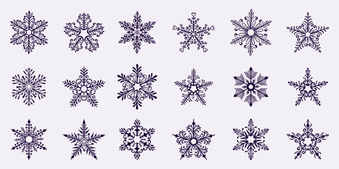 Winter Snowflake Icon Collection. Decorative snowflakes with elegant details in black color, perfect for Christmas icons, holiday cards, posters, banners and web.