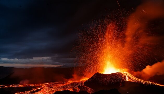 nighttime shot of volcanic eruption with fiery molten lava spewing into the air from volcano crater under dark sky with volcanic ash clouds in photo stock concept and empty space on the left side