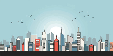 Vector illustration of an abstract city skyline featuring modern skyscrapers and buildings against a night sky panorama, ideal for urban business and architecture design