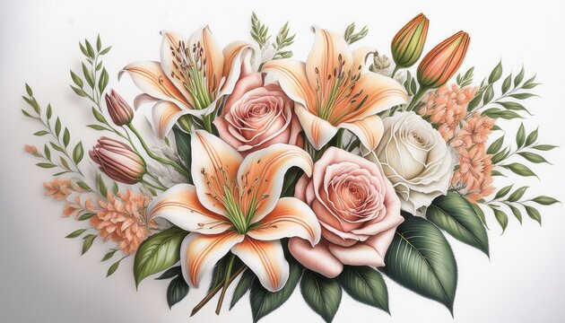 delicate colored pencil bouquet with vintage roses and lilies arranged loosely in natural form surrounded by negative space on white background soft pencil shading creates a dreamy effect