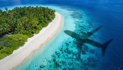 Fototapeta premium Aerial View of Tropical Island Paradise with Whale Shadow.