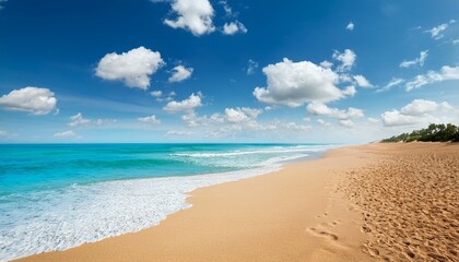 sandy beach with a blue sky and white clouds