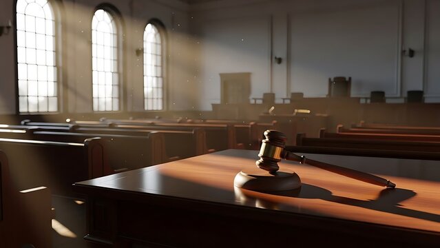 Gavel resting on a wooden desk in a sunlit courtroom with arched windows