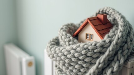 Closeup of a small model house wrapped in a warm woolen scarf above a white radiator. Cold protection, home insulation, space heating system, energy crisis concept.
