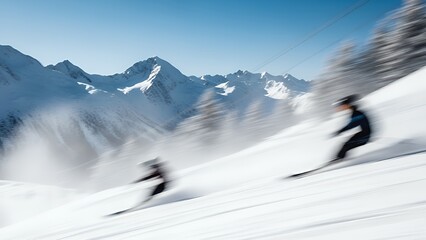Skier Descending Snowy Mountain Slope in Bright Sunny Weather with Clear Blue Sky