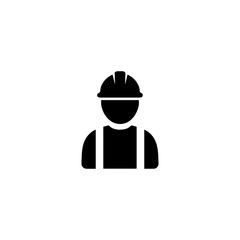 Simple black icon of a construction worker wearing a hard hat and overalls