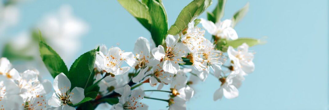 Branch of white flowers with green leaves