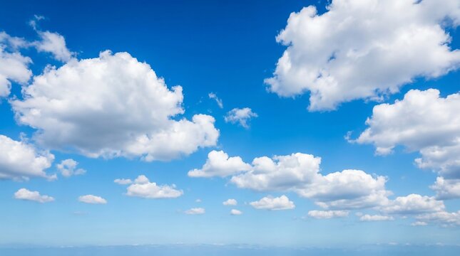 Vast Blue Sky with Fluffy White Cumulus Clouds Over the Ocean Horizon.