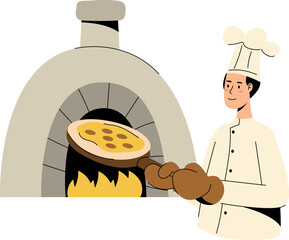 Chef Baking Pizza with Pizza Oven Vector Illustration