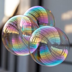 Realistic transparent soap bubbles with rainbow reflection. Isolated set composition.

