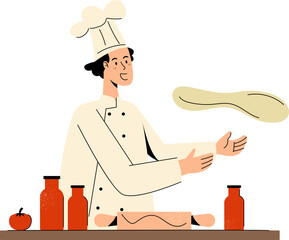 Chef Preparing Pizza Dough Vector Illustration