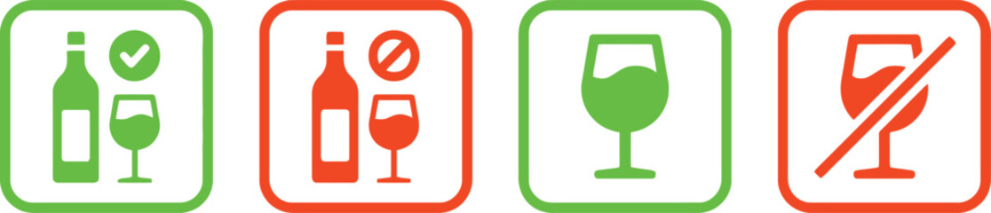alcohol, drink, beverage, prohibition, permission, allowed, not allowed, no, yes, green, red, bottle, glass, wine, wine glass, wine bottle, icon, symbol, sign, restriction, regulation, health, safety,