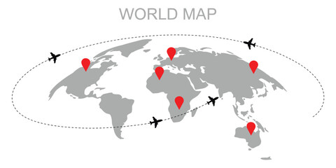 World map, vector illustration in blue, showing modern continent silhouettes, clean design, and geographic layout ideal for web, print, and educational materials