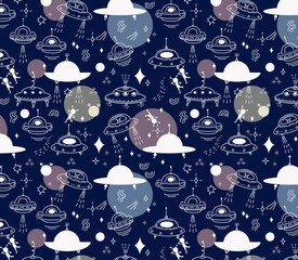 Seamless Pattern of flying saucer and alien in space. Vector doodle line Cute cosmos background with star, planet, ufo. Kids wallpaper design for children room.