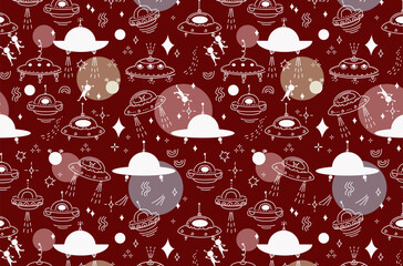 Seamless Pattern of flying saucer and alien in space. Vector doodle line Cute cosmos background with star, planet, ufo. Kids wallpaper design for children room.