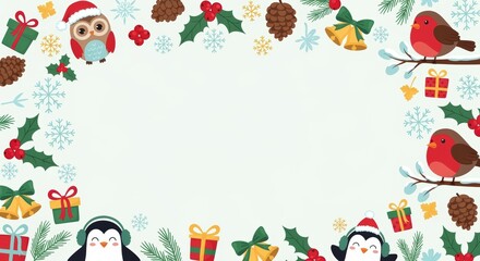 Fototapeta premium Festive winter gathering with adorable penguins and colorful birds holiday themed decorations cheerful atmosphere playful design for christmas celebrations