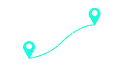 Two location pins connected by a dashed line animation. loop on white background pin navigation. 4k video