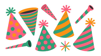 Fototapeta premium A vibrant collection of colorful festive party hats and noisemakers in a playful hand drawn style perfect for celebrations and birthdays