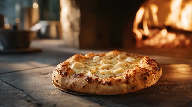 A frozen pizza sliding onto a stone oven surface, cheese crystals catching the glow of preheating flames &mdash; comfort food photography, frozen dinner convenience, and crispy crust appeal. cinematic