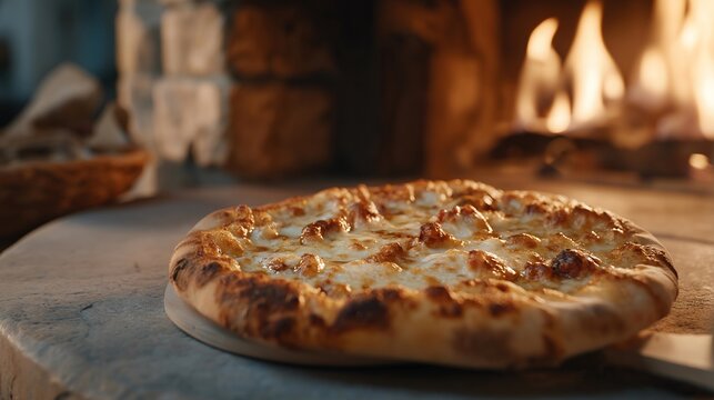 A frozen pizza sliding onto a stone oven surface, cheese crystals catching the glow of preheating flames &mdash; comfort food photography, frozen dinner convenience, and crispy crust appeal. cinematic