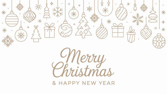 Festive merry christmas and happy new year greeting card featuring a border of hand drawn outline holiday ornaments and decorations on a clean white background with elegant typography
