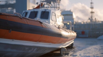 A lifeboat stationed on the deck of an offshore oil platform, secured against strong winds as workers check emergency beacons — industrial safety, offshore preparedness, and high-risk environment