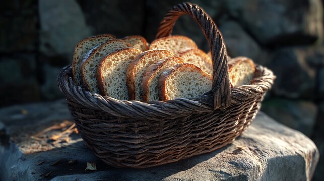 Rustic Wicker Basket with Rye Bread on Stone