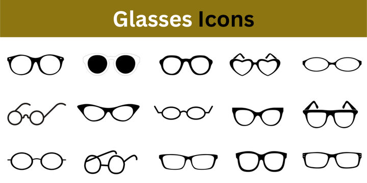 Glasses and Sunglasses Vector Icons: Set of Eyewear Shapes, Frames, and Styles for Design