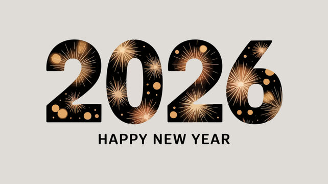 Happy new year 2026 text with sparkling golden fireworks and bokeh lights on a light grey background celebrating the upcoming year with festive illumination and a sense of joy and anticipation