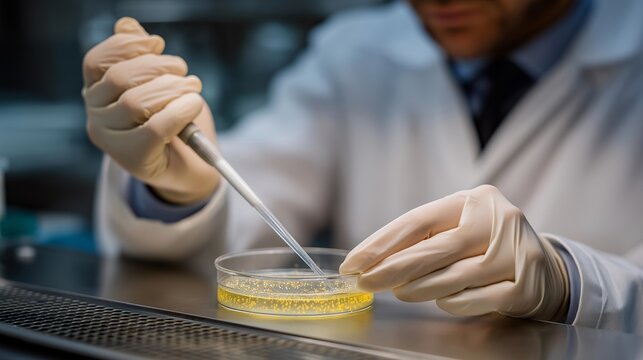A researcher using a sterile inoculation loop to streak bacteria across an agar plate, gloved hands steady under a laminar flow hood &mdash; aseptic technique, controlled lab environment, and
