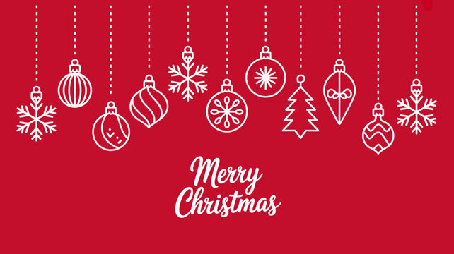 Festive red background with delicate white outline christmas ornaments and snowflakes hanging and the words merry christmas